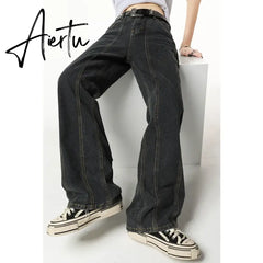 Winter Vintage Navy Blue High Waist Women Jeans American Fashion Streetwear Wide Leg Jean Female Trouser Straight Denim Pants Aiertu