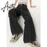 Winter Vintage Navy Blue High Waist Women Jeans American Fashion Streetwear Wide Leg Jean Female Trouser Straight Denim Pants Aiertu