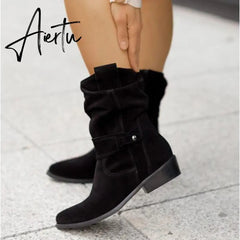 Winter Warm Suede Women Boots Vintage Zipper Shoes Buckle Lady Mid-Calf Boot Outdoor Thick Low Heel Female Pointed Booties Aiertu
