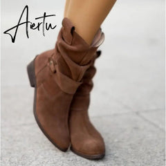 Winter Warm Suede Women Boots Vintage Zipper Shoes Buckle Lady Mid-Calf Boot Outdoor Thick Low Heel Female Pointed Booties Aiertu