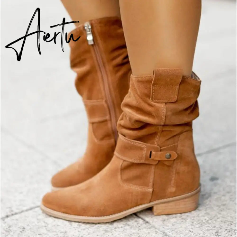 Winter Warm Suede Women Boots Vintage Zipper Shoes Buckle Lady Mid-Calf Boot Outdoor Thick Low Heel Female Pointed Booties Aiertu