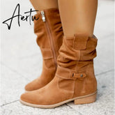 Winter Warm Suede Women Boots Vintage Zipper Shoes Buckle Lady Mid-Calf Boot Outdoor Thick Low Heel Female Pointed Booties Aiertu