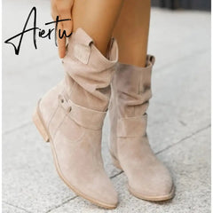 Winter Warm Suede Women Boots Vintage Zipper Shoes Buckle Lady Mid-Calf Boot Outdoor Thick Low Heel Female Pointed Booties Aiertu
