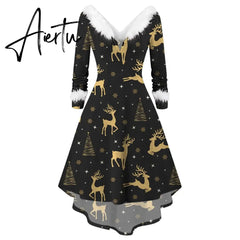 Winter Women Christmas Dress Faur Fax Collar Long Sleeves Cocktail Party Dress Xmas New Year Evening Flowy Elegant Prom Dresses Aiertu