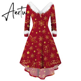 Winter Women Christmas Dress Faur Fax Collar Long Sleeves Cocktail Party Dress Xmas New Year Evening Flowy Elegant Prom Dresses Aiertu
