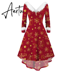 Winter Women Christmas Dress Faur Fax Collar Long Sleeves Cocktail Party Dress Xmas New Year Evening Flowy Elegant Prom Dresses Aiertu