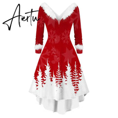 Winter Women Christmas Dress Faur Fax Collar Long Sleeves Cocktail Party Dress Xmas New Year Evening Flowy Elegant Prom Dresses Aiertu