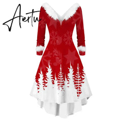 Winter Women Christmas Dress Faur Fax Collar Long Sleeves Cocktail Party Dress Xmas New Year Evening Flowy Elegant Prom Dresses Aiertu