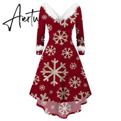 Winter Women Christmas Dress Faur Fax Collar Long Sleeves Cocktail Party Dress Xmas New Year Evening Flowy Elegant Prom Dresses Aiertu