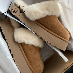 Winter Women Fur Slippers Warm Boots Platform Flip Flops New Short Plush Flats Home Cotton Shoes Suede Mules Ladies Boots Aiertu