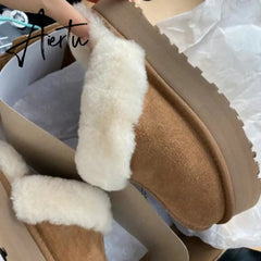 Winter Women Fur Slippers Warm Boots Platform Flip Flops New Short Plush Flats Home Cotton Shoes Suede Mules Ladies Boots Aiertu
