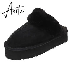 Winter Women Fur Slippers Warm Boots Platform Flip Flops New Short Plush Flats Home Cotton Shoes Suede Mules Ladies Boots Aiertu
