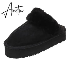 Winter Women Fur Slippers Warm Boots Platform Flip Flops New Short Plush Flats Home Cotton Shoes Suede Mules Ladies Boots Aiertu