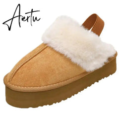 Winter Women Fur Slippers Warm Boots Platform Flip Flops New Short Plush Flats Home Cotton Shoes Suede Mules Ladies Boots Aiertu
