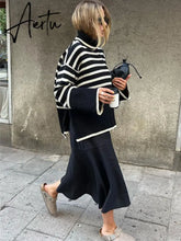 Winter Women’s Long Sleeves Knit Sweater Turtleneck Striped Print Loose Pullover Tops New Autumn Oversized Sweater Aiertu