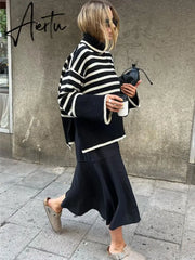 Winter Women’s Long Sleeves Knit Sweater Turtleneck Striped Print Loose Pullover Tops New Autumn Oversized Sweater Aiertu
