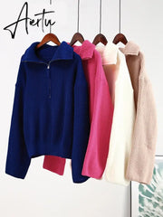 Winter Women's Turtleneck Sweaters Polo Collar With Zipper Knitted Pullover Female Loose Long Sleeve Top Warm Sweaters Aiertu