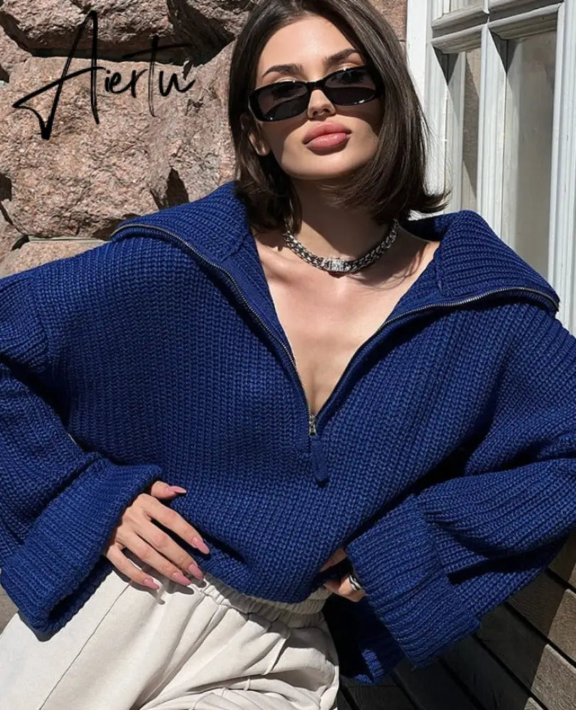 Winter Women's Turtleneck Sweaters Polo Collar With Zipper Knitted Pullover Female Loose Long Sleeve Top Warm Sweaters Aiertu
