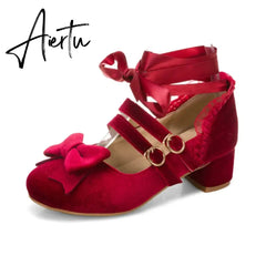 Woman's Med Heel Lolita Shoes Flock PU Leather Cute Bow Mary Jane Pumps Bride Wedding Cosplay Party Red Pink Black Size 34-43 Aiertu
