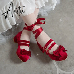Woman's Med Heel Lolita Shoes Flock PU Leather Cute Bow Mary Jane Pumps Bride Wedding Cosplay Party Red Pink Black Size 34-43 Aiertu