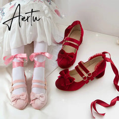Woman's Med Heel Lolita Shoes Flock PU Leather Cute Bow Mary Jane Pumps Bride Wedding Cosplay Party Red Pink Black Size 34-43 Aiertu