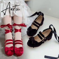 Woman's Med Heel Lolita Shoes Flock PU Leather Cute Bow Mary Jane Pumps Bride Wedding Cosplay Party Red Pink Black Size 34-43 Aiertu