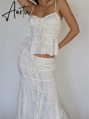 Women 2 Piece Long Skirt Outfits Bandage Ruched Camisole and Elastic Bodycon Long Fishtail Skirt Summer Beachwear Aiertu