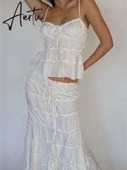 Women 2 Piece Long Skirt Outfits Bandage Ruched Camisole and Elastic Bodycon Long Fishtail Skirt Summer Beachwear Aiertu