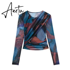 Women 2 Pieces Sets Fashion Silk Net Print Blouse Tops + High Waist Pleat Midi Skirt Set Womens Outfits Aiertu