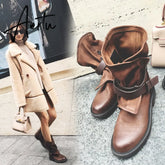 Women ankle boots natural leather plus size 22-26CM sheepskin +pigskin modern boots vintage belt buckle motorcycle boots Aiertu