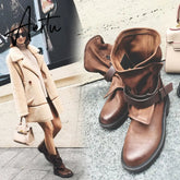 Women ankle boots natural leather plus size 22-26CM sheepskin +pigskin modern boots vintage belt buckle motorcycle boots Aiertu