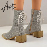 Women ankle boots plus size 22-28cm length autumn and winter warm plush zipper square heel Stone pattern + herringbone pattern Aiertu