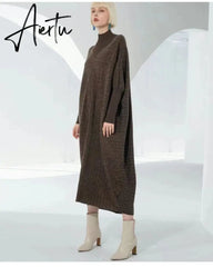 Women Autumn Fall Winter Large Size Loose Knitted Warm Maxi Wool Swater Dress. Aiertu