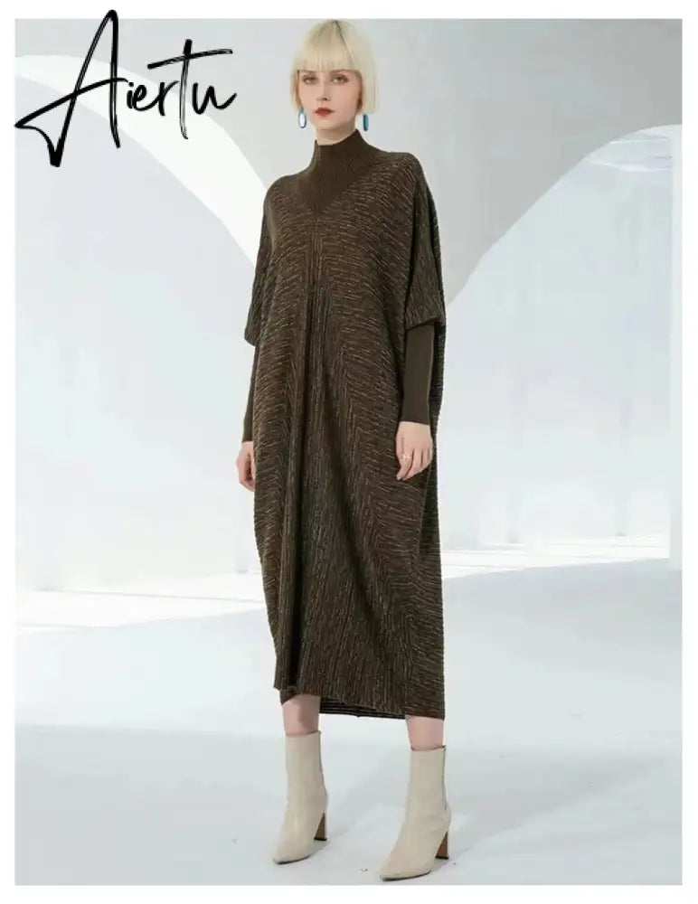 Women Autumn Fall Winter Large Size Loose Knitted Warm Maxi Wool Swater Dress. Aiertu