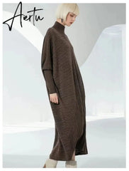 Women Autumn Fall Winter Large Size Loose Knitted Warm Maxi Wool Swater Dress. Aiertu