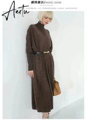 Women Autumn Fall Winter Large Size Loose Knitted Warm Maxi Wool Swater Dress. Aiertu