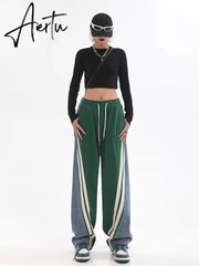 Women Autumn Winter High Waist Contrast Color Drawstring Tie Up Sweatpants High Street Wide Leg Straight Cylinder Lady Trousers Aiertu
