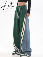 Women Autumn Winter High Waist Contrast Color Drawstring Tie Up Sweatpants High Street Wide Leg Straight Cylinder Lady Trousers Aiertu