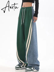 Women Autumn Winter High Waist Contrast Color Drawstring Tie Up Sweatpants High Street Wide Leg Straight Cylinder Lady Trousers Aiertu