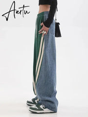 Women Autumn Winter High Waist Contrast Color Drawstring Tie Up Sweatpants High Street Wide Leg Straight Cylinder Lady Trousers Aiertu