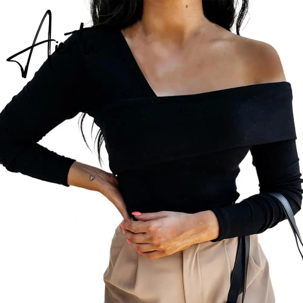 Women Autumn Winter T shirt Off Shoulder Oblique Neck Strapless Backless Long Sleeve Solid Color Ladies Slim Shirt femme Aiertu