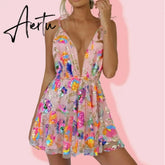 Women Backless Dress Sleeveless Deep V Neck High-Waist Sequined Casual Street Midi Pink / White Aiertu