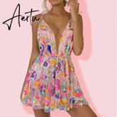 Women Backless Dress Sleeveless Deep V Neck High-Waist Sequined Casual Street Midi Pink / White Aiertu