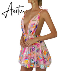 Women Backless Dress Sleeveless Deep V Neck High-Waist Sequined Casual Street Midi Pink / White Aiertu