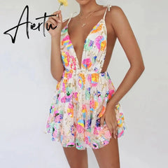 Women Backless Dress Sleeveless Deep V Neck High-Waist Sequined Casual Street Midi Pink / White Aiertu