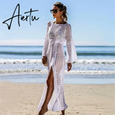 Women Bathing Suit Cover Up Crochet Lace Bikini Swimsuit Dress Sexy New Summer Hollow Out Beach Long Maxi Split Ladies Loose Aiertu