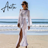 Women Bathing Suit Cover Up Crochet Lace Bikini Swimsuit Dress Sexy New Summer Hollow Out Beach Long Maxi Split Ladies Loose Aiertu