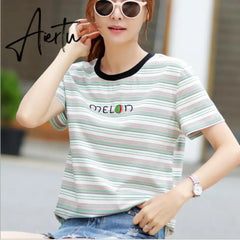 Women Black And White Stripes O Neck Casual Tops Long Sleeve Loose Pullover T-shirt Srping New Fashion Korea Shirt Aiertu