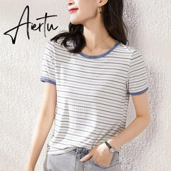 Women Black And White Stripes O Neck Casual Tops Long Sleeve Loose Pullover T-shirt Srping New Fashion Korea Shirt Aiertu
