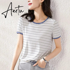 Women Black And White Stripes O Neck Casual Tops Long Sleeve Loose Pullover T-shirt Srping New Fashion Korea Shirt Aiertu
